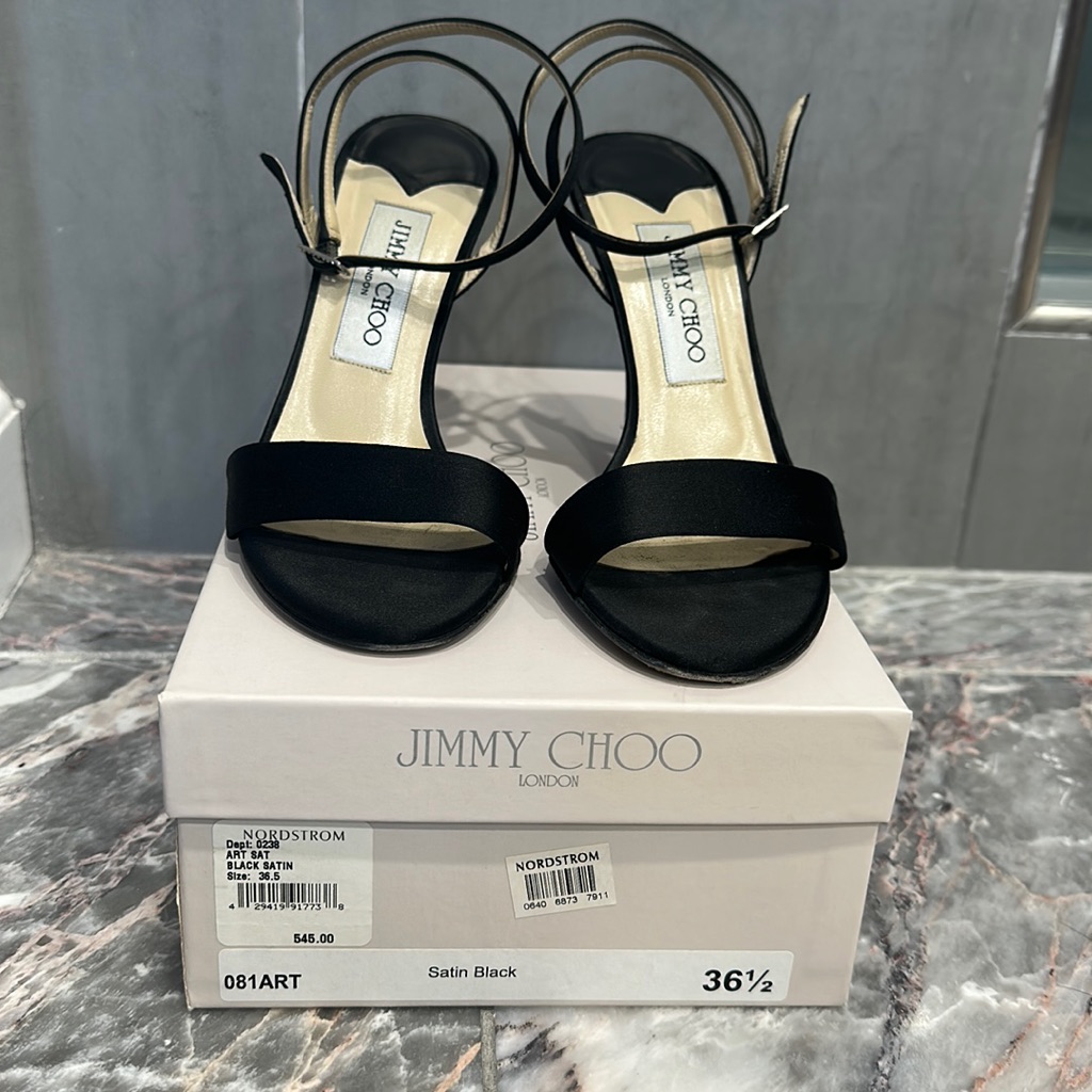 Jimmy Choo Black Satin Dress Sandals.